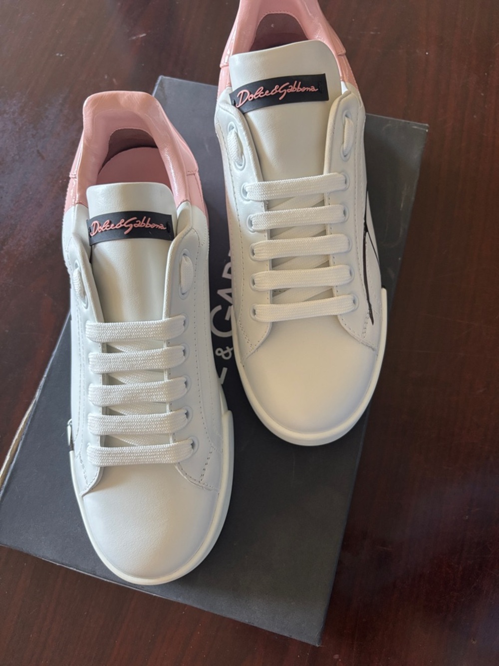 Dolce & Gabbana White Leather Sneakers with Pink Heel Accents